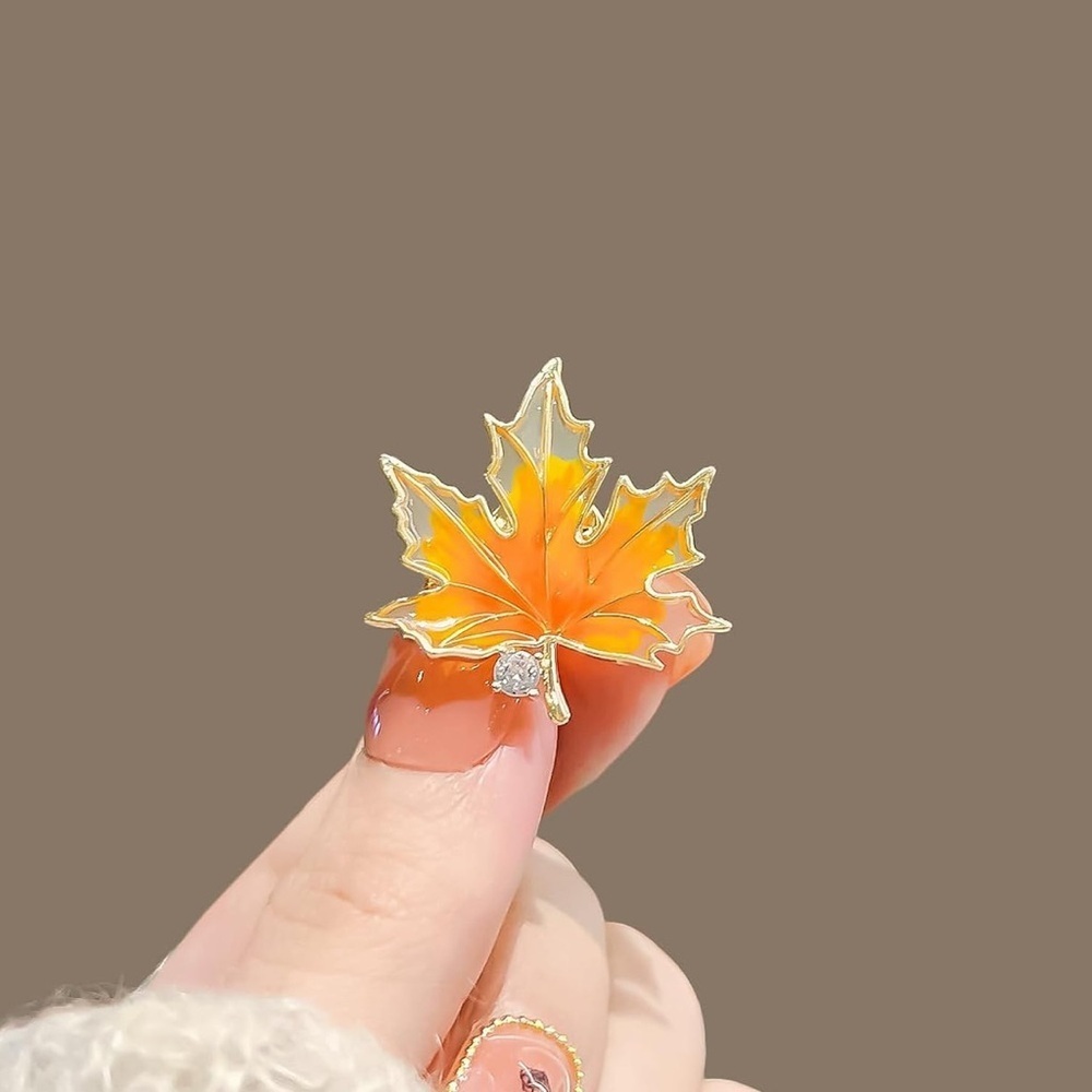 Maple Leaf Resin Pin Brooch, Orange, Yellow, Gold - Picture 5 of 17